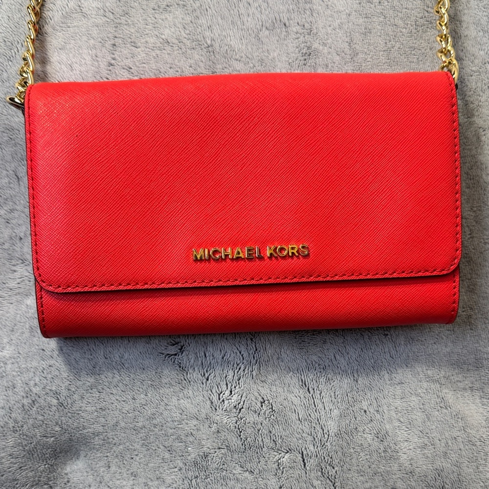 Michael Kors Red Saffiano Leather Wallet on a Chain - Gold Hardware - Picture 2 of 11